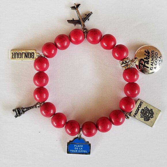Hand Crafted Paris Red Gemstone Charm Bracelet 6.25" Stretch - Picture 1 of 9